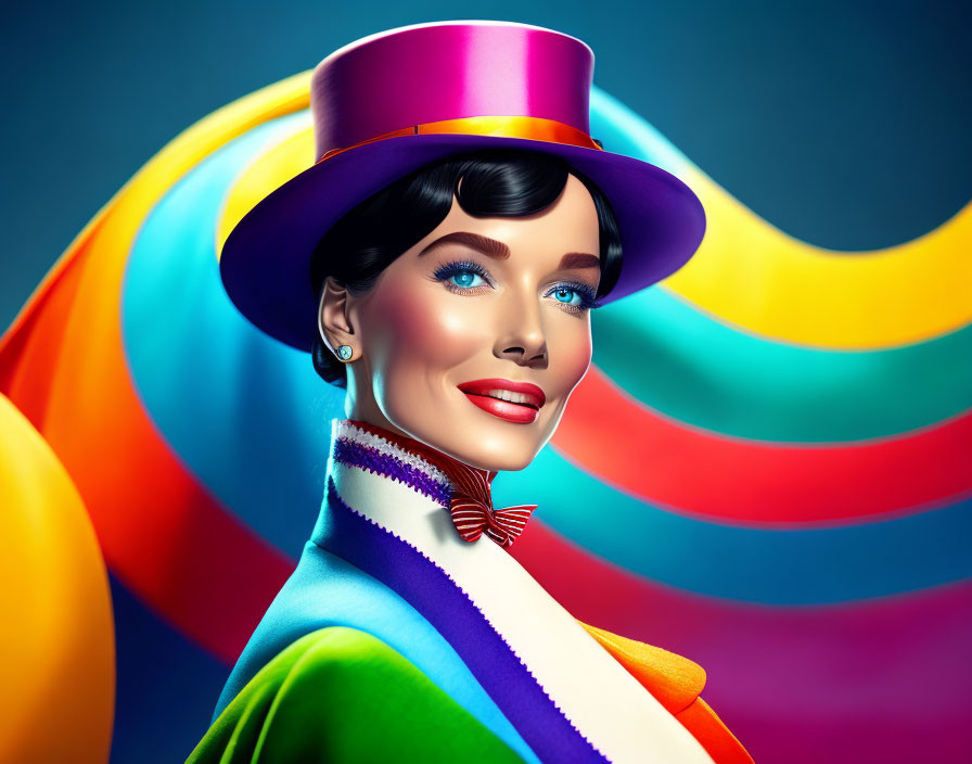 Colorful digital artwork: Smiling woman in rainbow attire on vibrant background