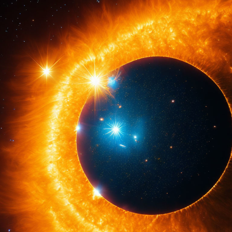 Solar eclipse with intense corona against starry background