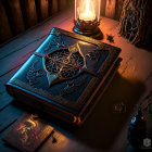 Stack of old books with skull design in dimly lit room