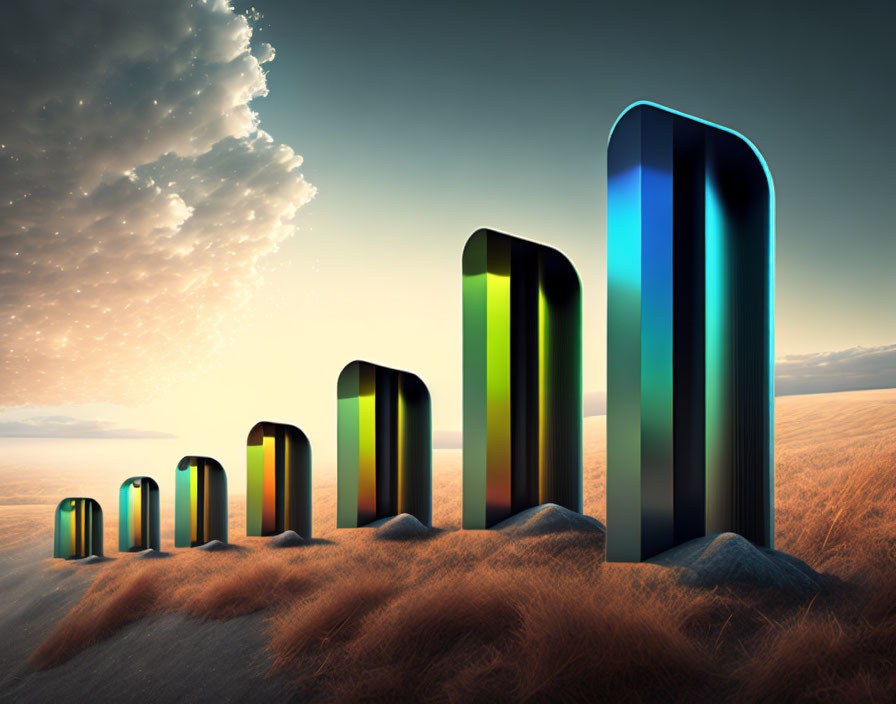 Surreal landscape with colored bar graphs on sandy terrain