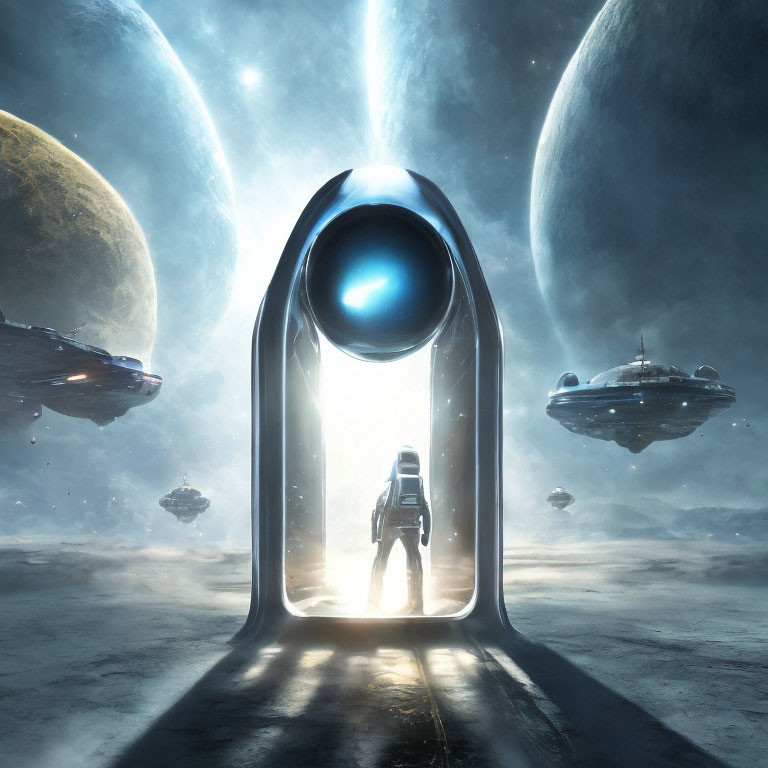 Astronaut at alien portal with cosmic landscape and spaceships