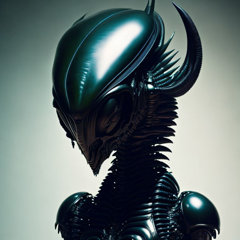 Detailed Close-Up of Alien Xenomorph's Shiny Exoskeleton and Elongated Skull