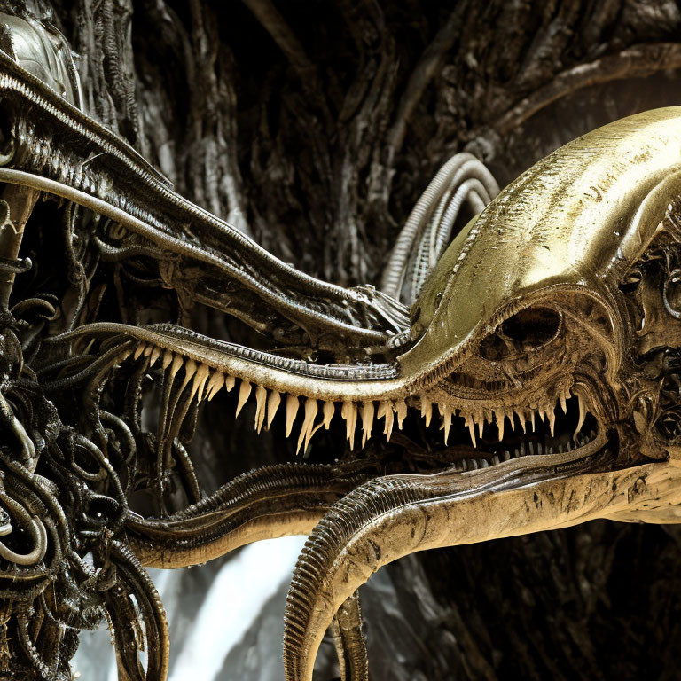 Detailed Alien Xenomorph Head with Sharp Teeth and Biomechanical Features