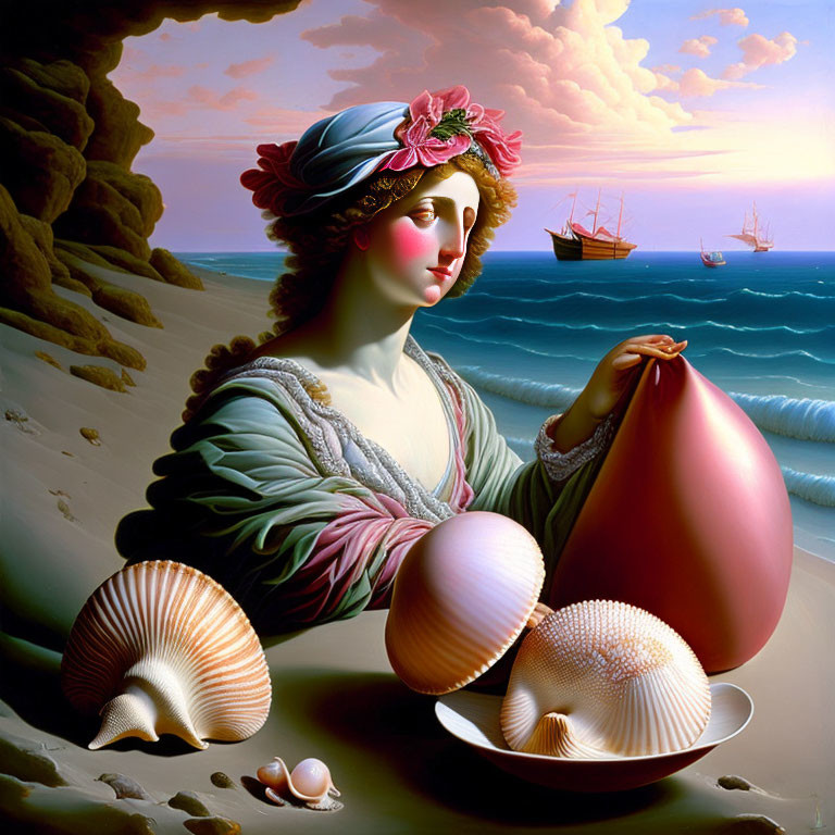 Surreal portrait of woman with shell features on beach with ships, blending Renaissance and fantastical styles