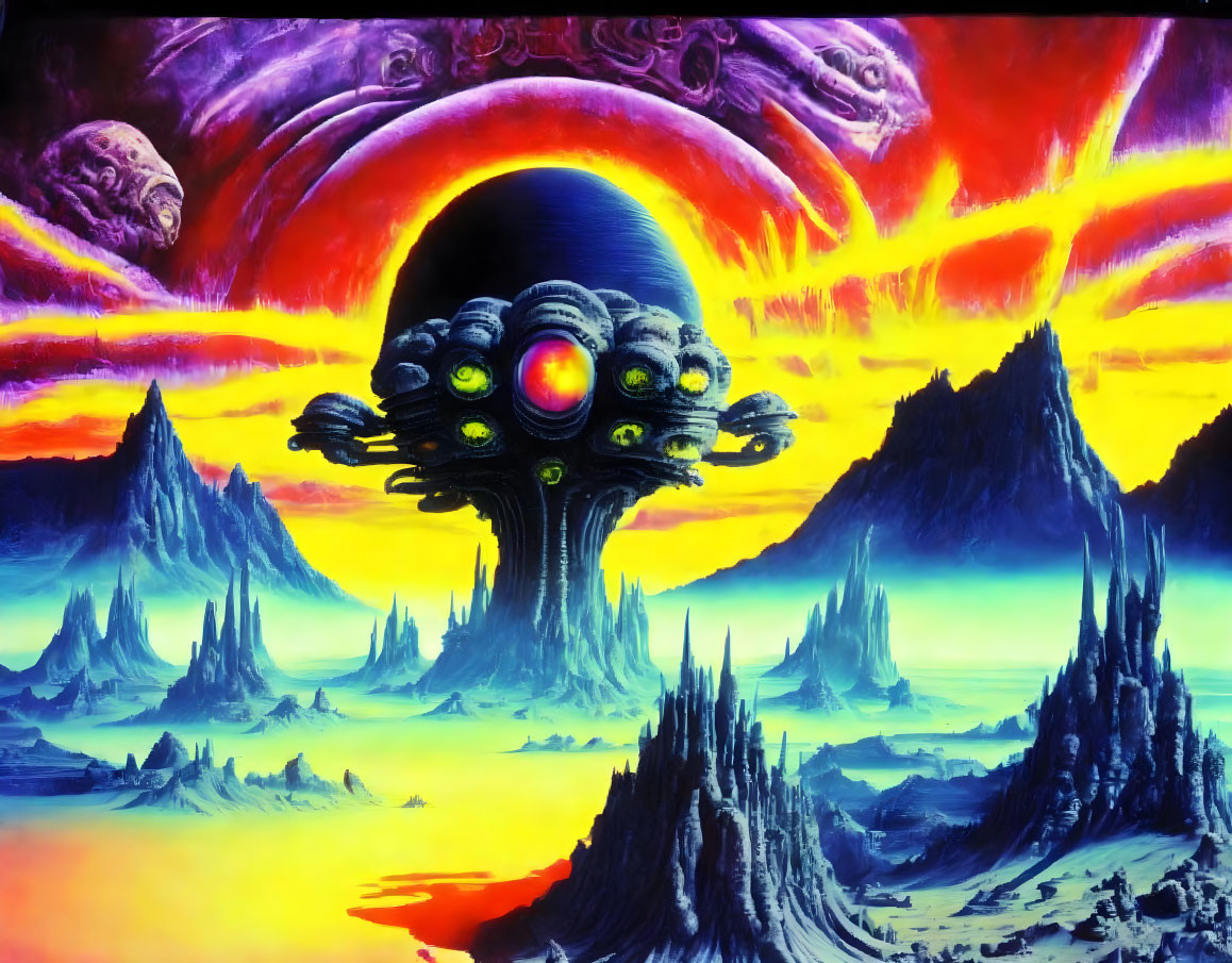 Futuristic sci-fi landscape with alien structure and colorful sky