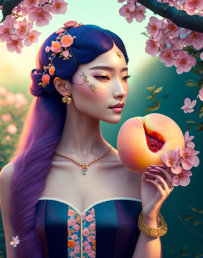 Woman with Blue Hair Holding Peach Amid Cherry Blossoms