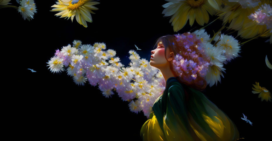 Woman with blooming flowers and daisies in surreal setting