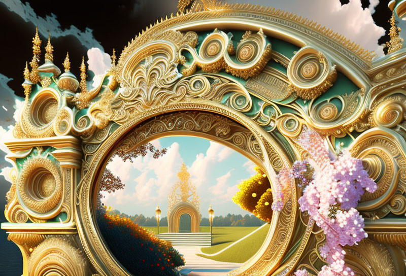 Intricate golden arch frames garden path and distant structures