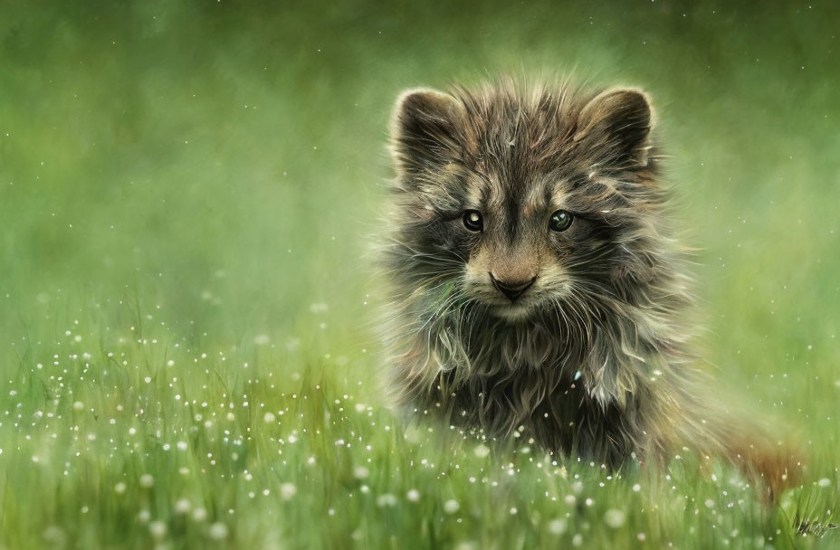 Fluffy raccoon in lush green field with white flowers