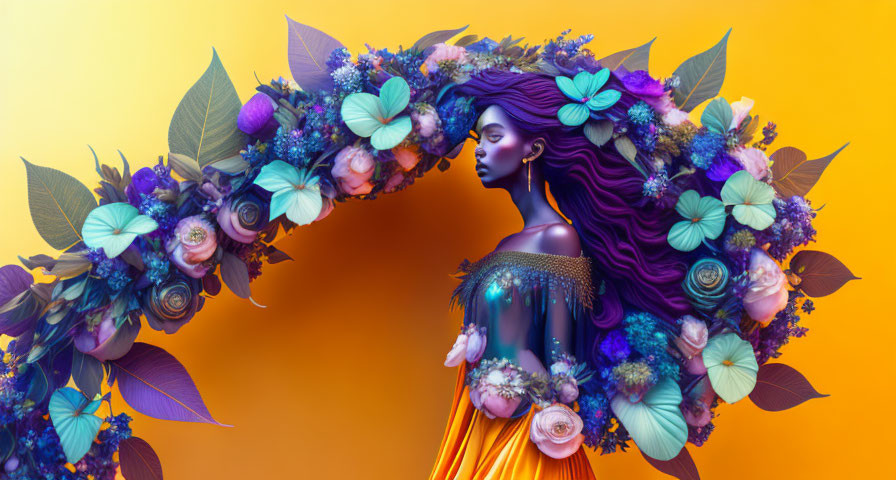 Vibrant digital artwork: Woman with purple hair and floral wreath on yellow background