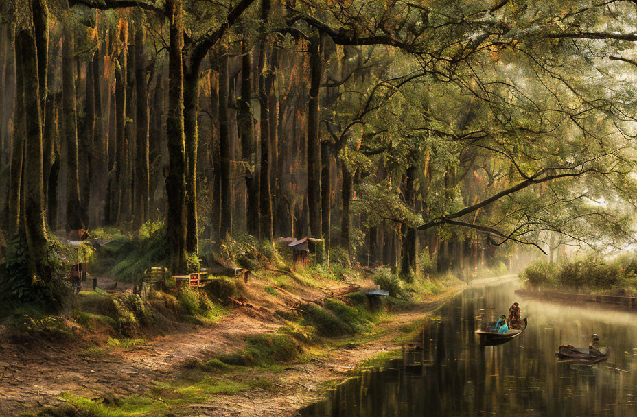 Misty forest with hanging moss and quiet river scene