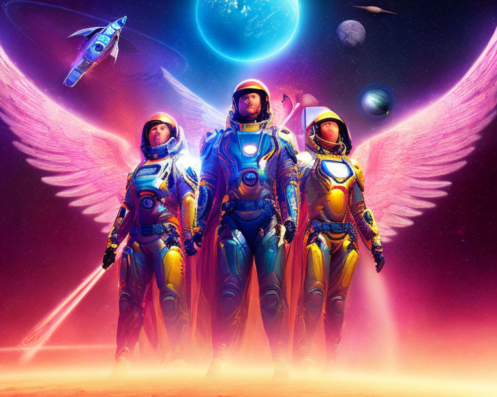 Three astronauts with angel wings on alien planet with spaceship, moons, and blue planet in sky