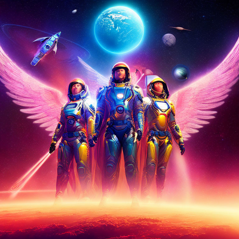 Three astronauts with angel wings on alien planet with spaceship, moons, and blue planet in sky