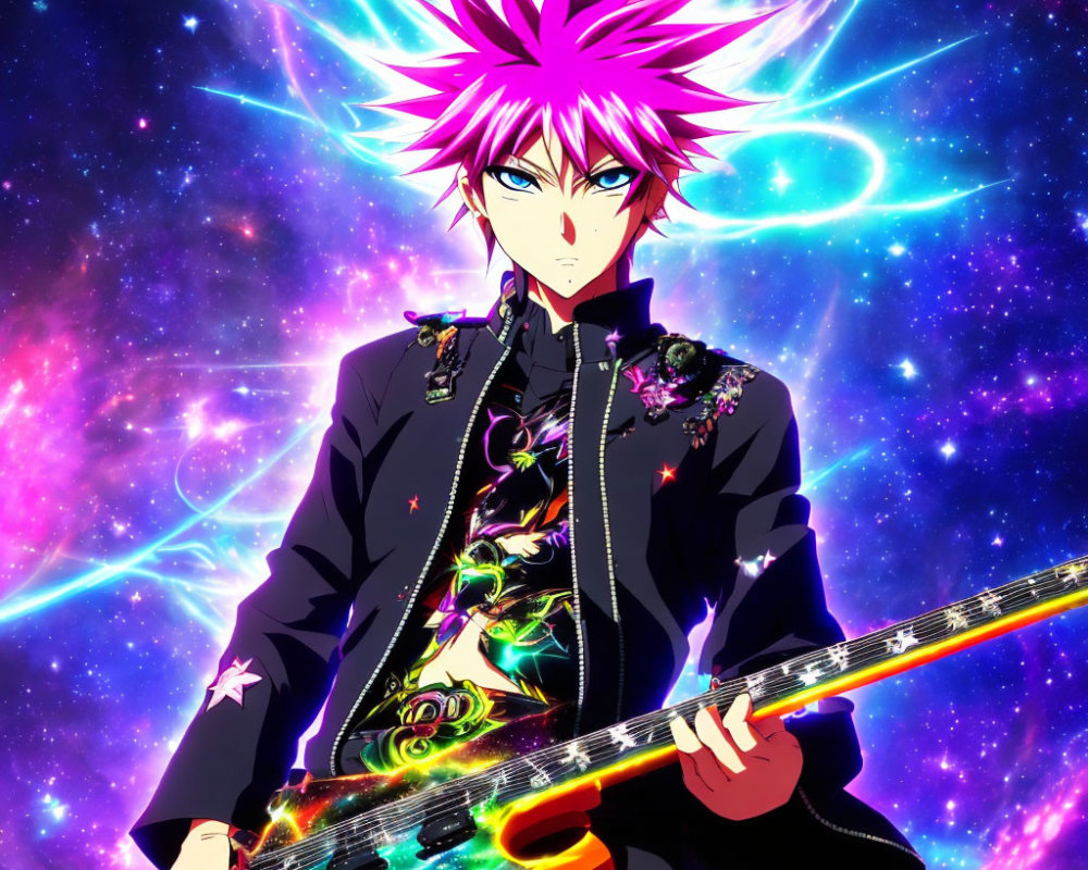 Pink Spiked Hair Animated Character Playing Guitar in Cosmic Background