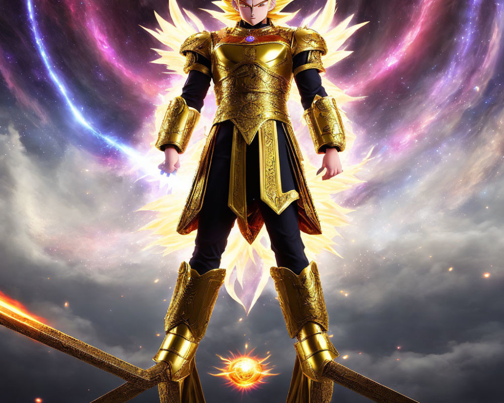 Golden-armored character with spiky hair in cosmic setting surrounded by fiery energy.