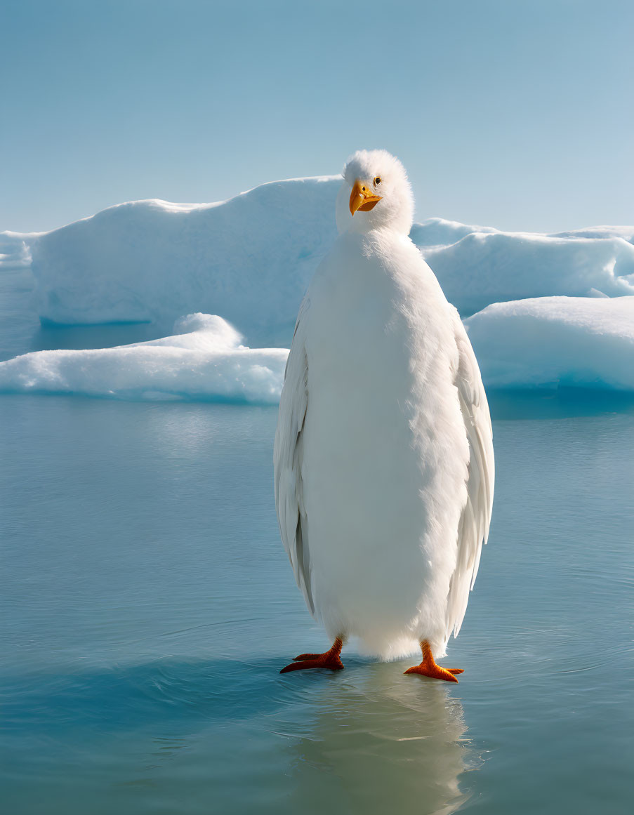 White Seagull on Blue Surface with Icebergs and Clear Sky