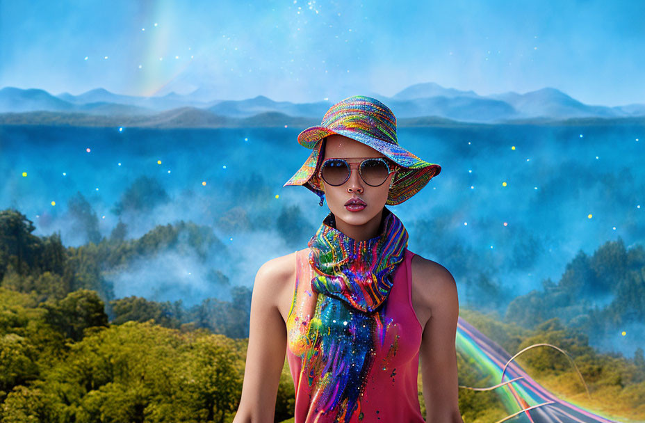 Colorful Hat and Sunglasses Person in Surreal Landscape with Neon Road