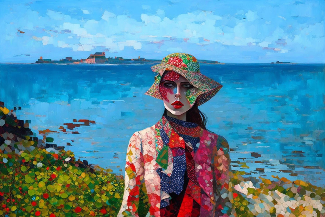 Vibrant painting of woman in patterned outfit with wide-brimmed hat by serene sea