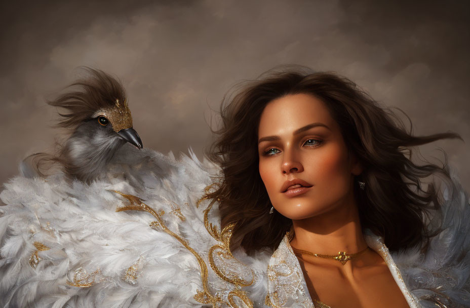 Digital artwork: Serene woman with white feathered bird cloak & gold accents