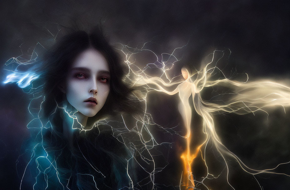 Portrait of Person with Pale Skin and Dark Hair Next to Luminous Abstract Figure