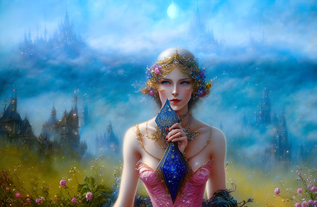 Ethereal woman in fantasy landscape with floral adornments