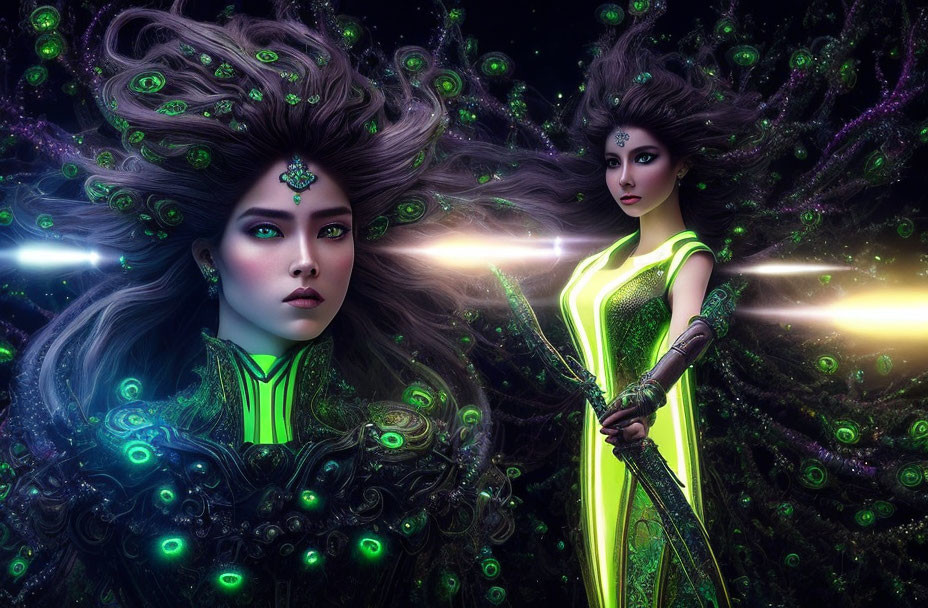 Two women in elaborate green costumes with cosmic hair, holding staff and orb against starry backdrop