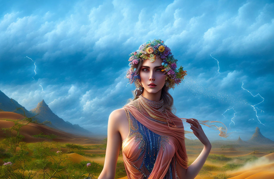 Digital Artwork: Mystical Woman in Floral Crown, Desert Landscape