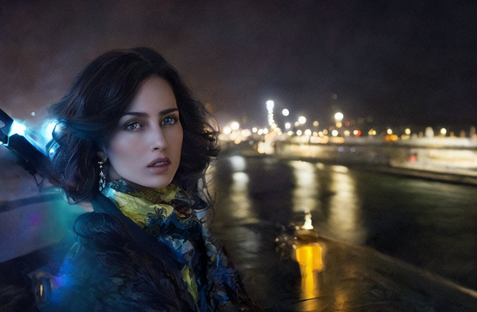 Dark-haired woman in floral outfit leaning on car at night with city lights in soft focus