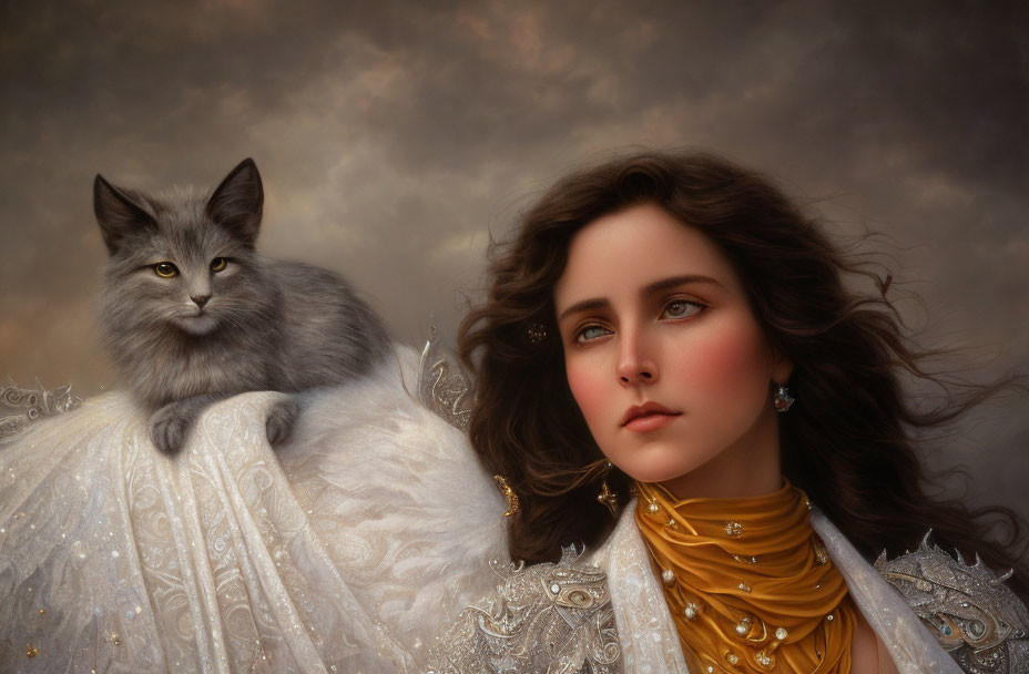 Woman with Brown Wavy Hair and Gray Cat in Elegant White Dress