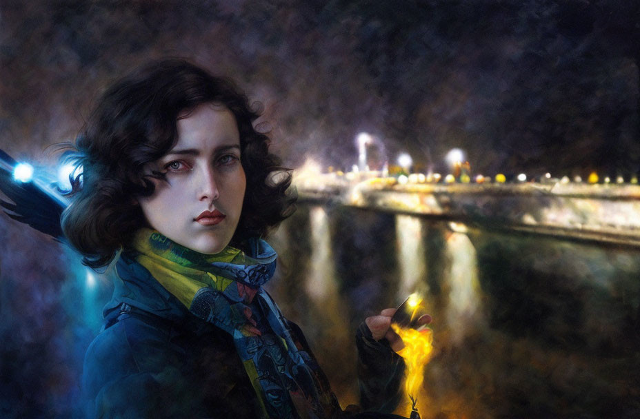 Curly-haired woman holding a flame by city riverside at night