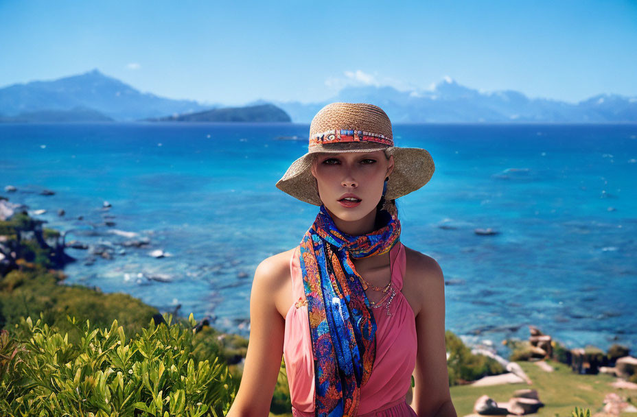 Woman in sunhat and scarf against coastal backdrop with blue skies & ocean