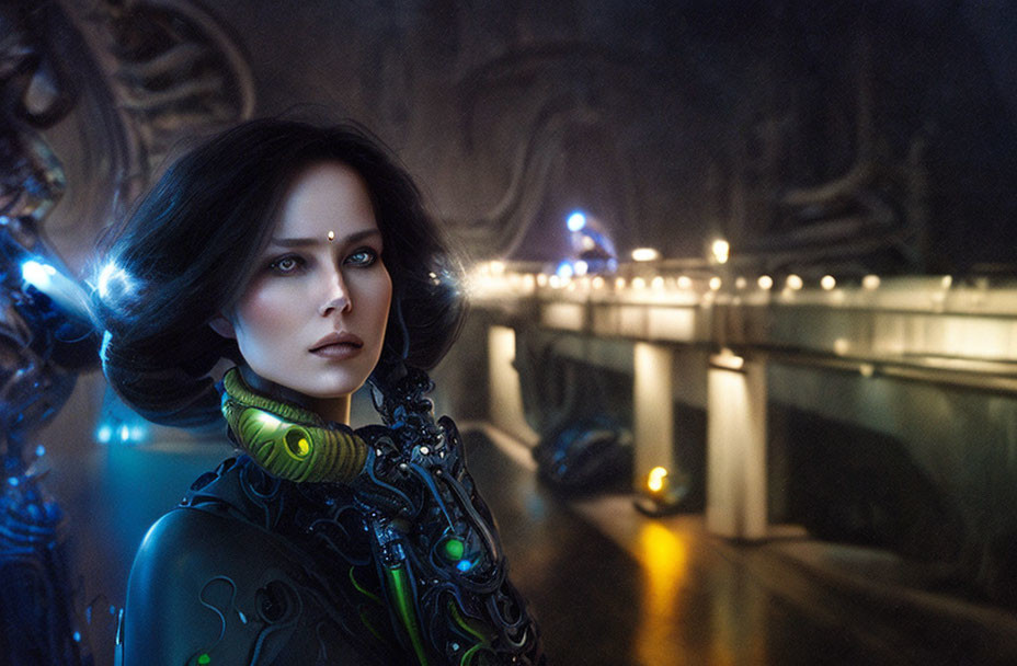 Dark-haired woman in futuristic attire against otherworldly backdrop with glowing orbs and intricate designs