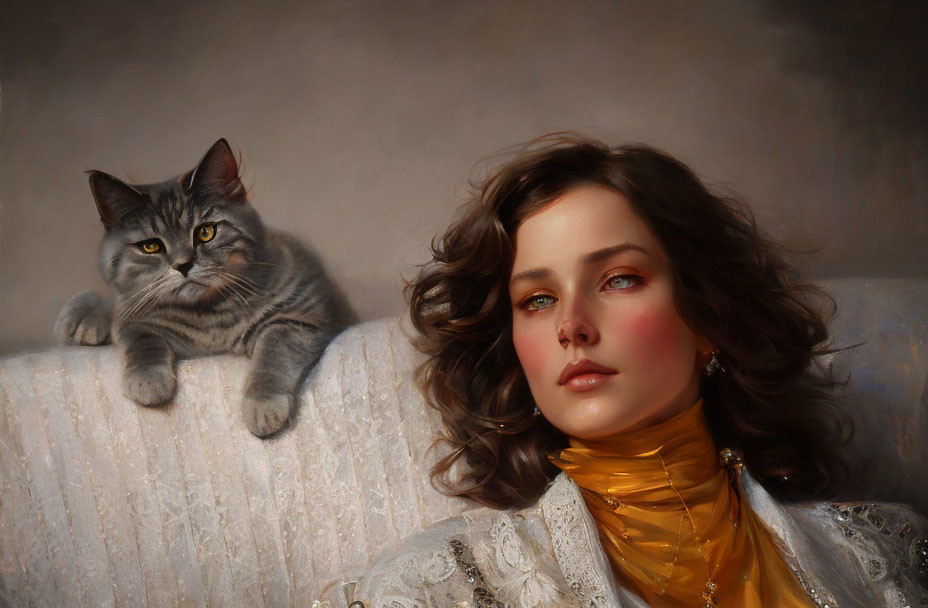 Contemplative woman with wavy hair and grey cat on creamy sofa.