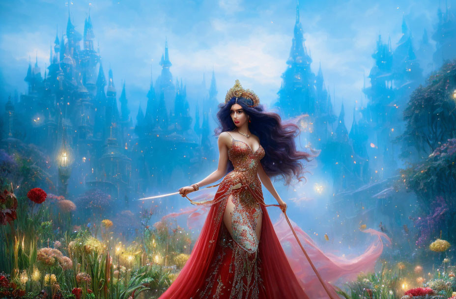 Dark-haired woman in red gown with wand in misty forest and castles.