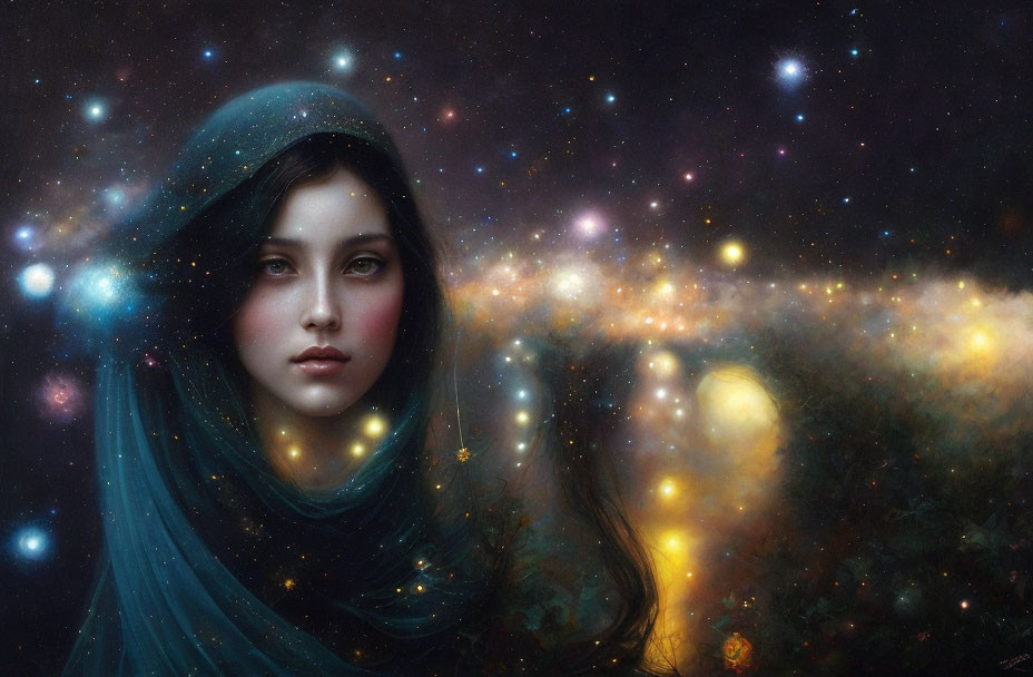 Portrait of Woman with Cosmos Hair and Teal Scarf in Starry Space