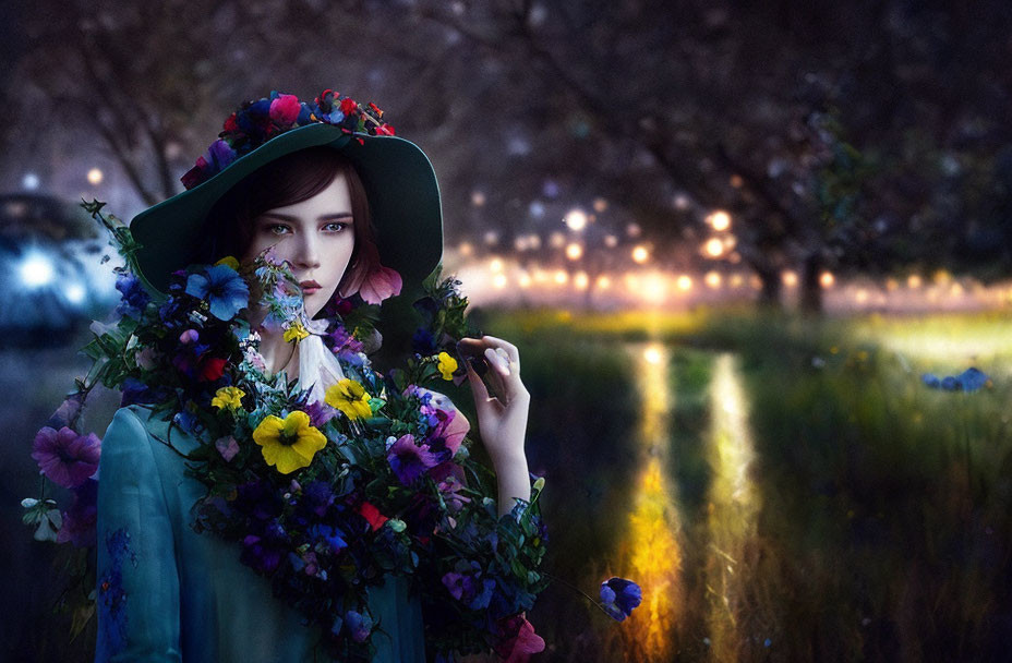 Woman in Green Hat Holding Blossom in Twilight-Lit Orchard