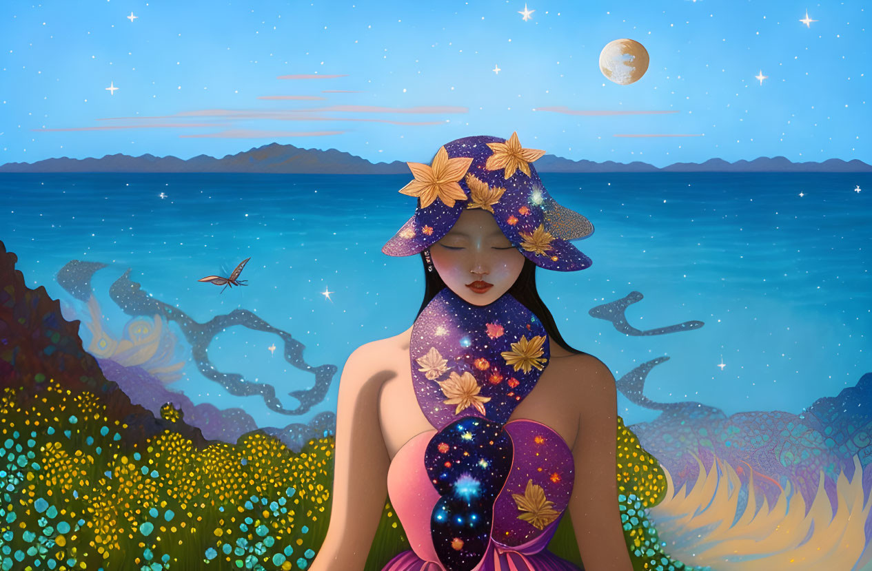 Illustration of woman with galaxy pattern, floral hat, vibrant ocean, stars, and dragonfly.