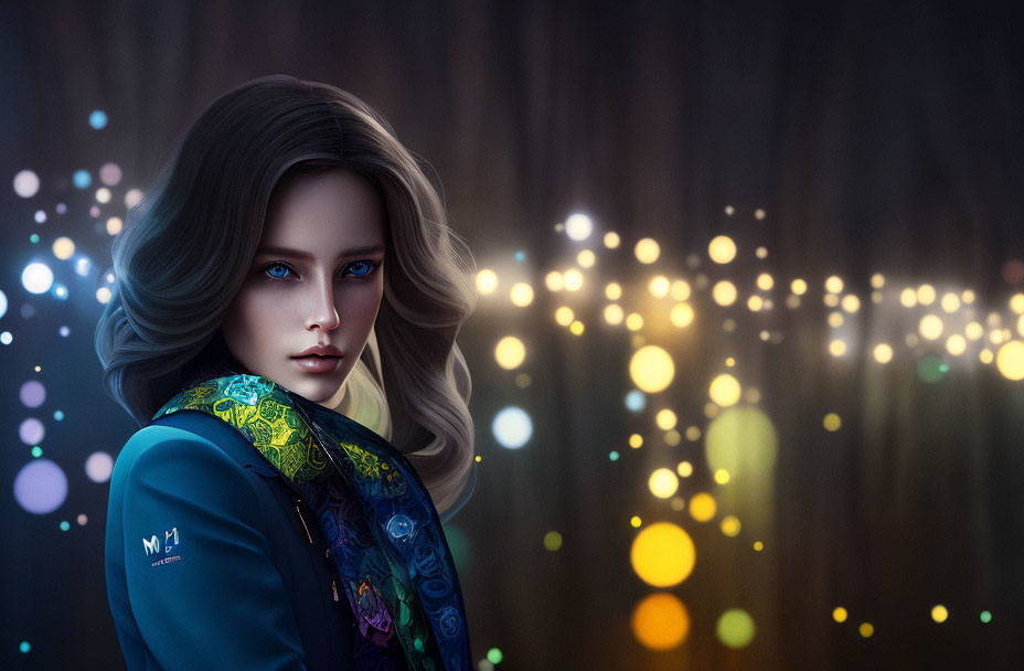 Digital art portrait of woman with blue eyes and shoulder-length hair in detailed jacket against soft lights.