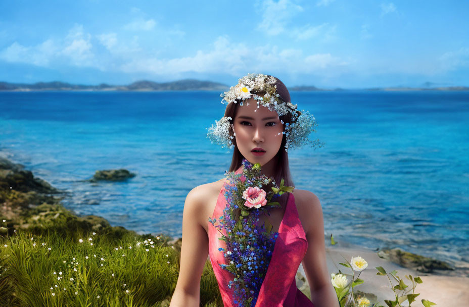 Woman in Floral Headpiece and Pink Dress Poses by Ocean