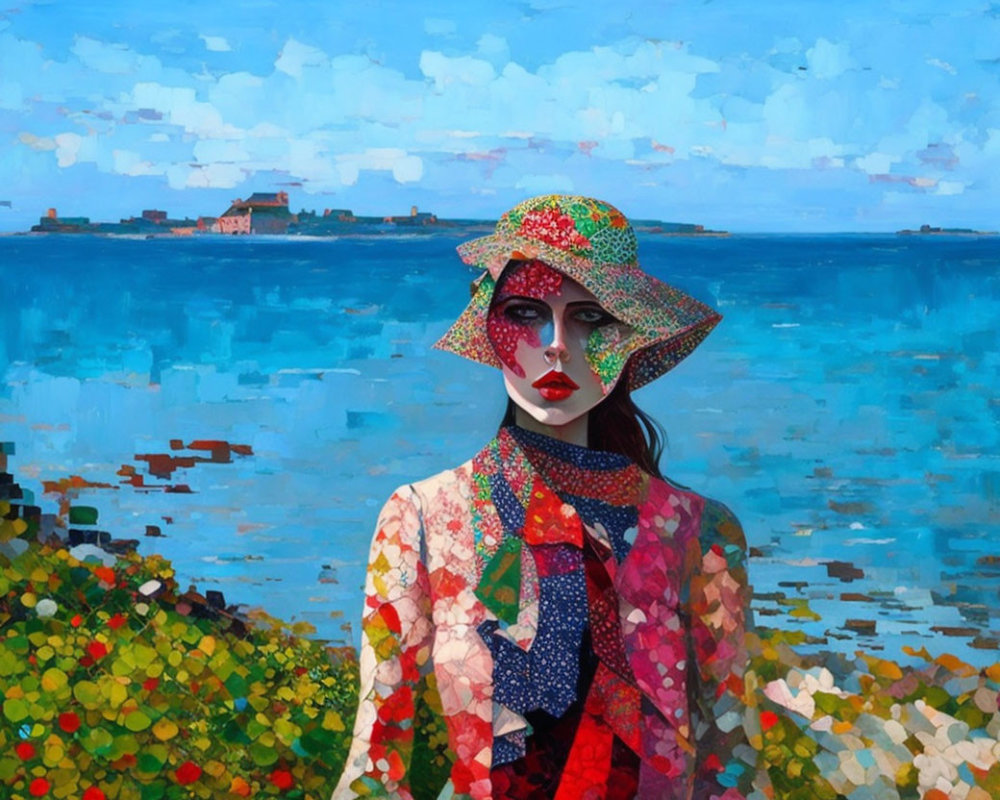 Vibrant painting of woman in patterned outfit with wide-brimmed hat by serene sea