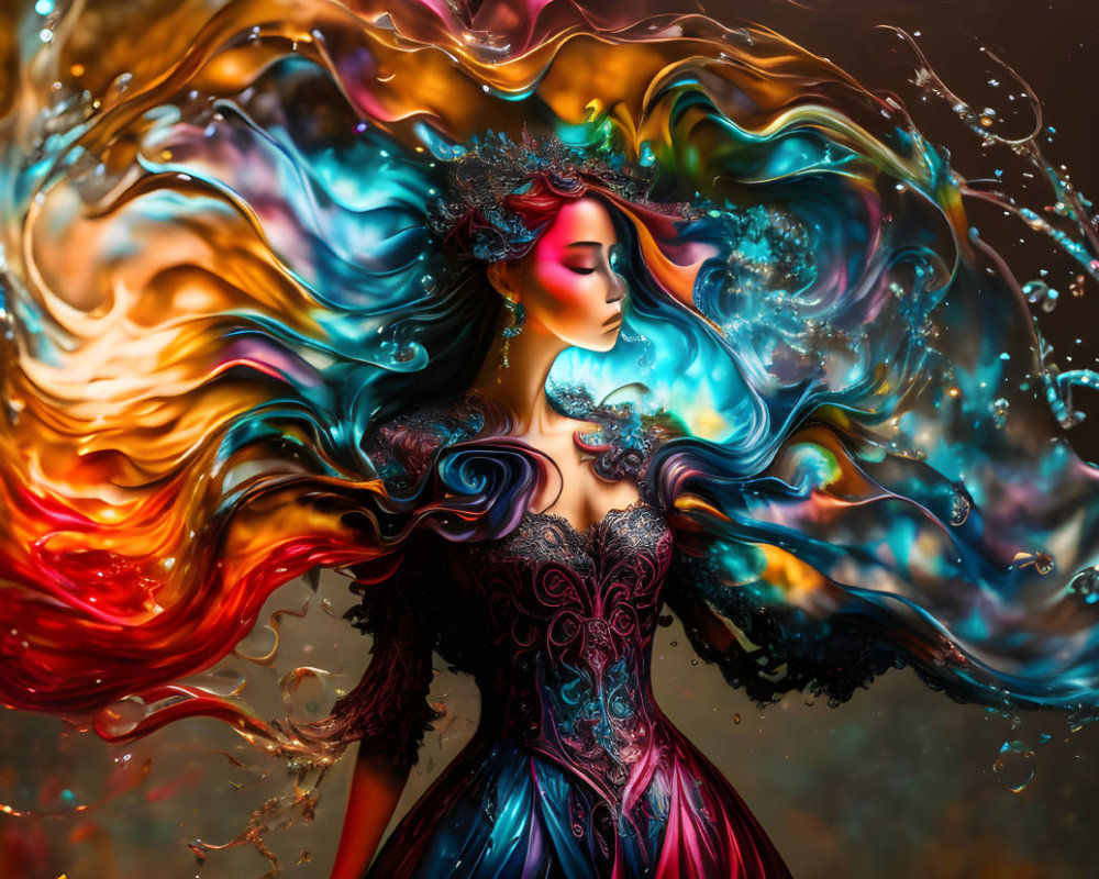 Colorful swirling gown and surroundings in vibrant artwork.