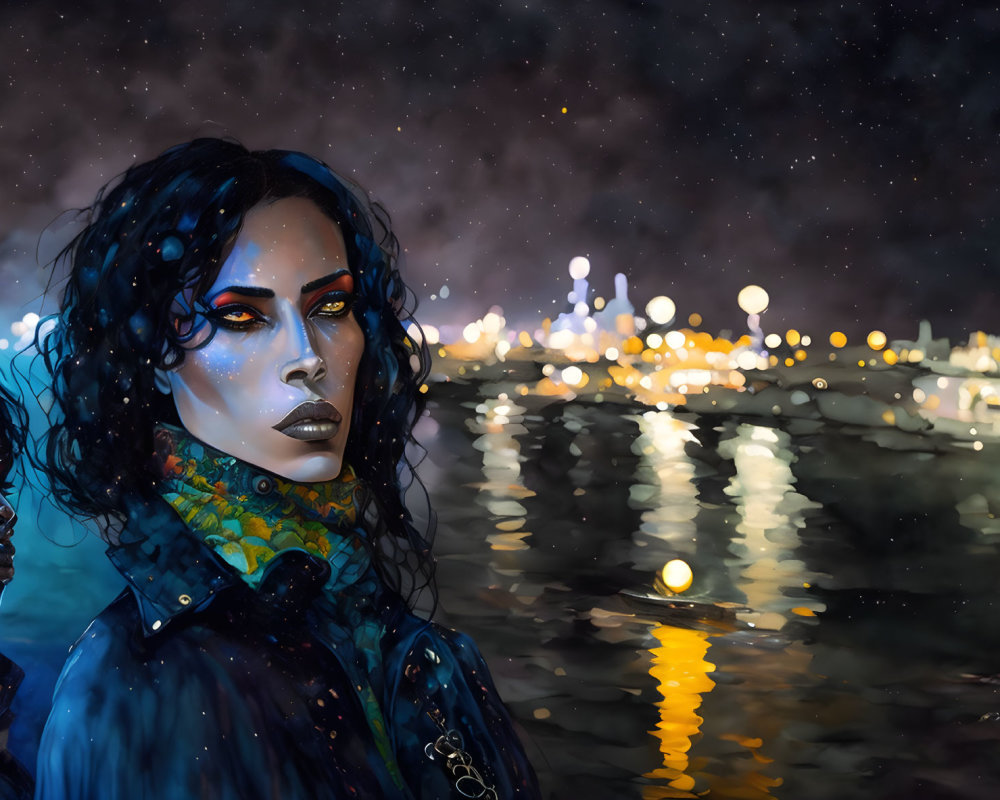 Stylized women with blue skin tones in night cityscape reflection