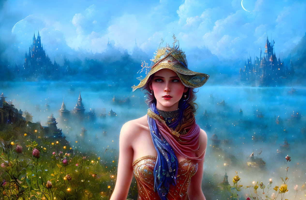 Woman in elegant hat and scarf in front of dreamy landscape with castles and sparkling lights