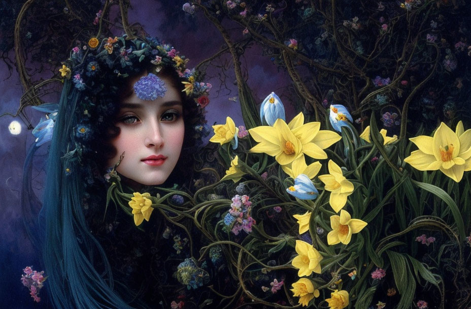 Digital Art: Woman with Teal Hair and Floral Crown among Daffodils