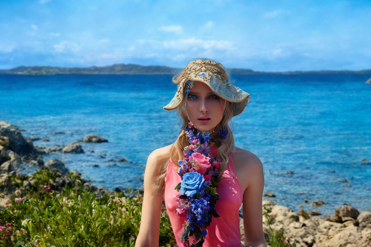 Woman in Pink Dress with Blue Flower Bouquet by the Sea