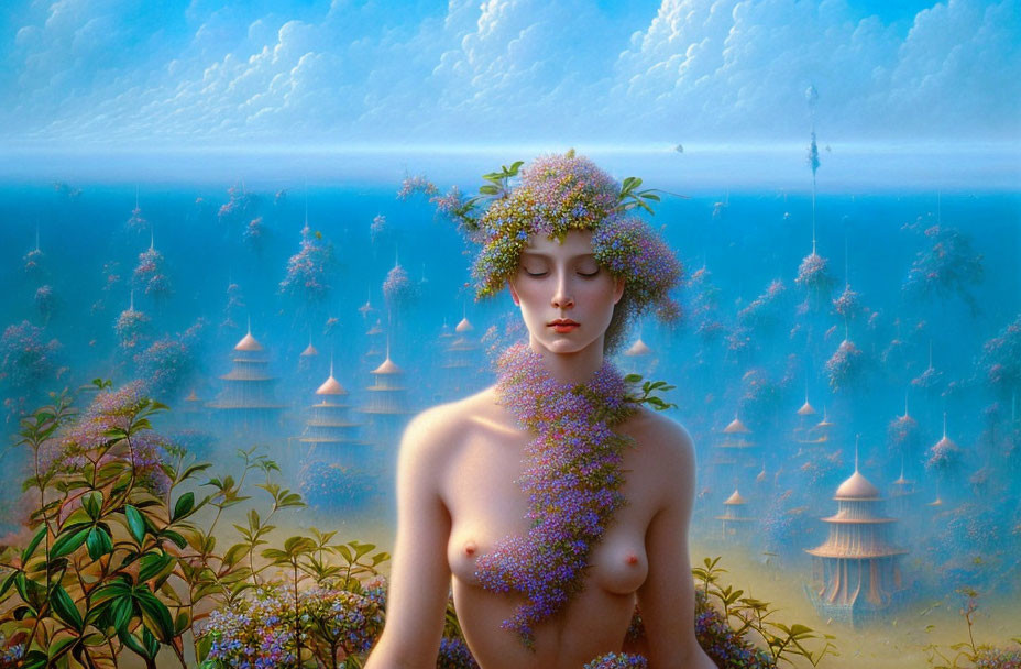 Woman with flower blooms in fantasy landscape with pagodas and blue sky.