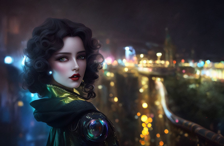 Curly-haired woman with vibrant makeup in city night lights.