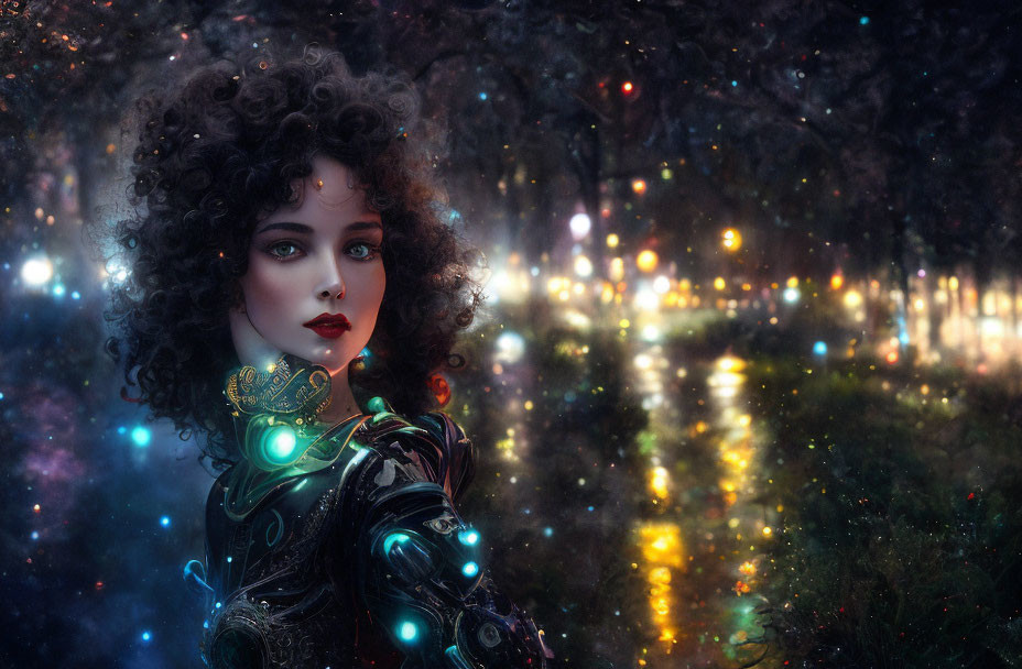 Digital artwork of woman in ornate armor with voluminous curly hair and glowing elements on bokeh-light