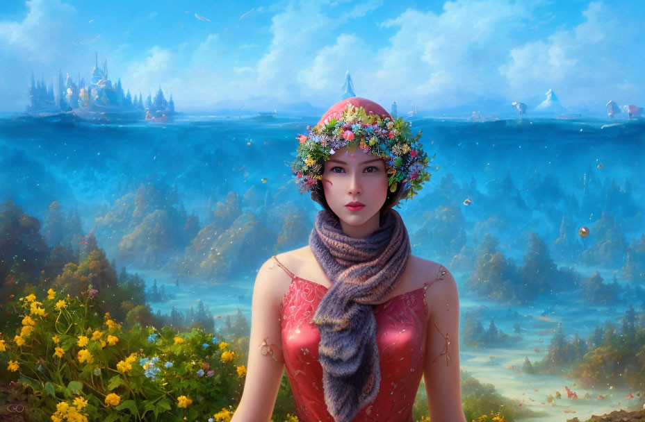 Woman with floral wreath in mystical landscape with floating structures.