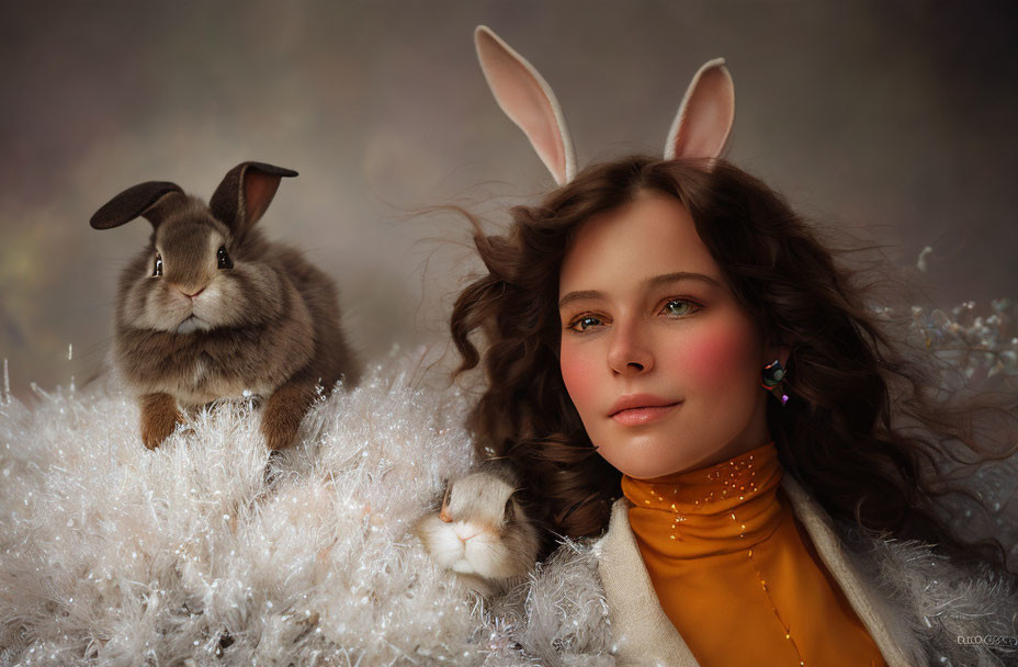 Woman with Bunny Ears Smiling Next to Rabbit and Toy on Soft White Background